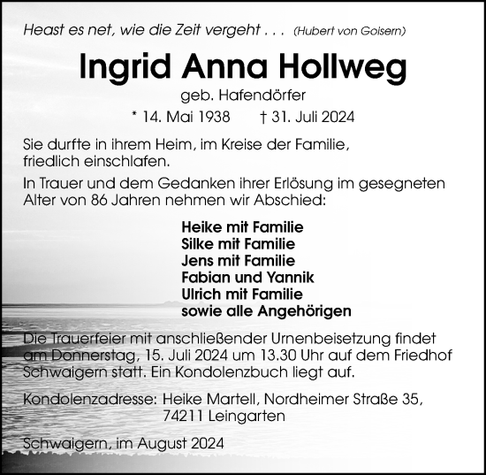 Traueranzeige von Ingrid Anna Hollweg von GESAMT