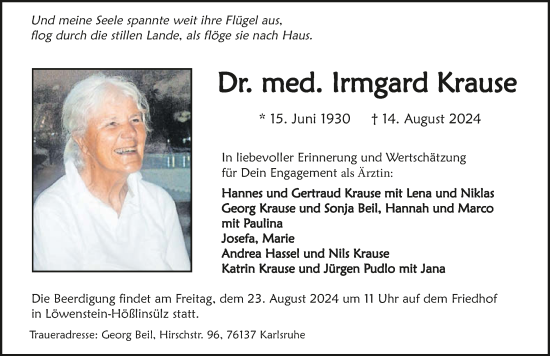 Traueranzeige von Irmgard Krause von GESAMT