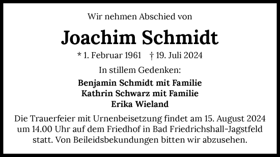 Traueranzeige von Joachim Schmidt von GESAMT