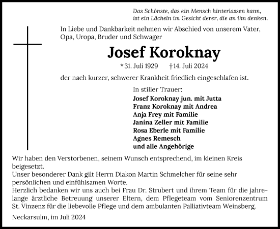 Traueranzeige von Josef Koroknay von GESAMT