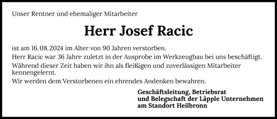 Traueranzeige von Josef Racic von GESAMT