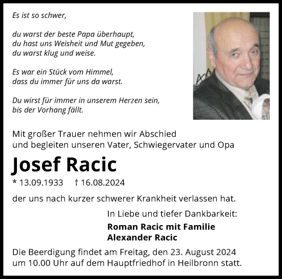 Traueranzeige von Josef Racic von GESAMT