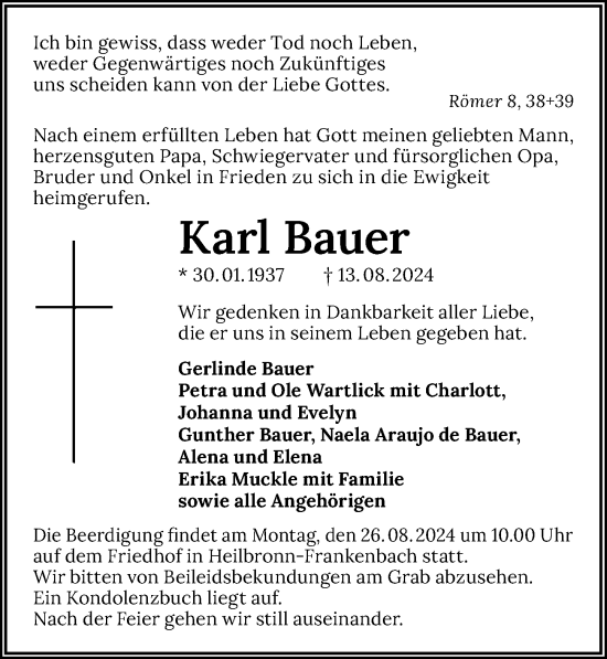 Traueranzeige von Karl Bauer von GESAMT