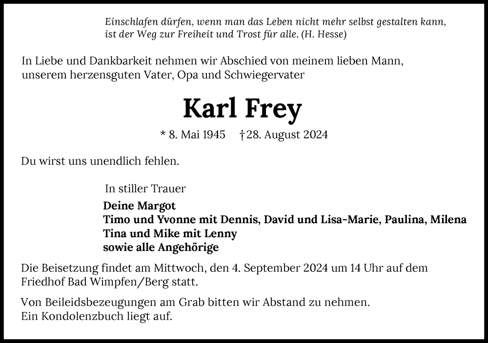  Traueranzeige für Karl Frey vom 31.08.2024 aus GESAMT