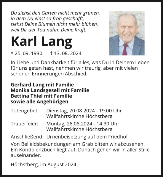 Traueranzeige von Karl Lang von GESAMT