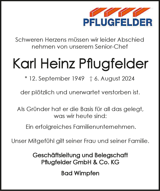 Traueranzeige von Karl Heinz Pflugfelder von GESAMT