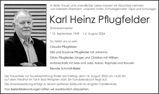 Traueranzeige von Karl Heinz Pflugfelder von GESAMT