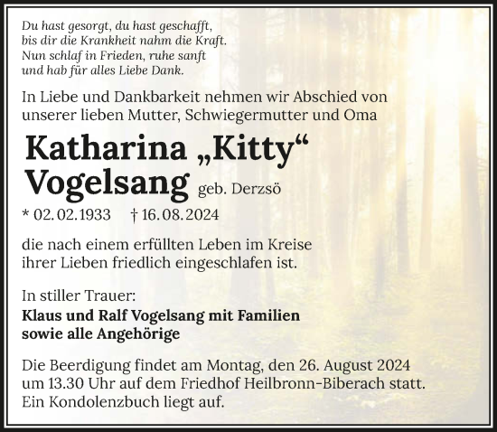 Traueranzeige von Katharina Vogelsang von GESAMT