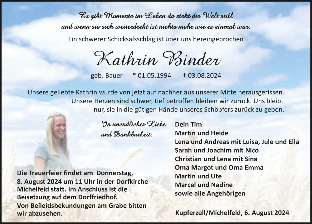  Traueranzeige für Kathrin Binder vom 06.08.2024 aus GESAMT