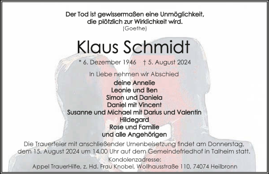 Traueranzeige von Klaus Schmidt von GESAMT