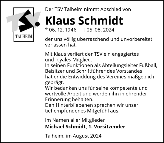 Traueranzeige von Klaus Schmidt von GESAMT