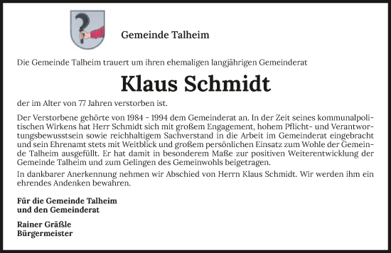 Traueranzeige von Klaus Schmidt von GESAMT