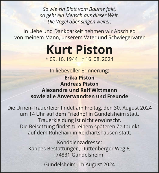 Traueranzeige von Kurt Piston von GESAMT