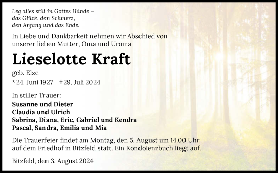 Traueranzeige von Lieselotte Kraft von GESAMT