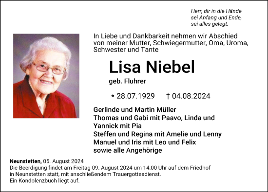 Traueranzeige von Lisa Niebel von GESAMT