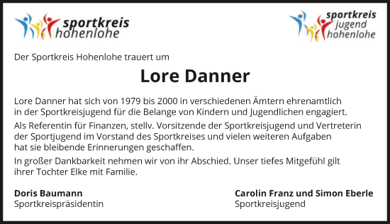 Traueranzeige von Lore Danner von GESAMT