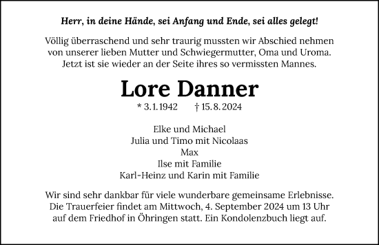 Traueranzeige von Lore Danner von GESAMT