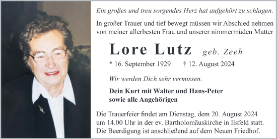 Traueranzeige von Lore Lutz