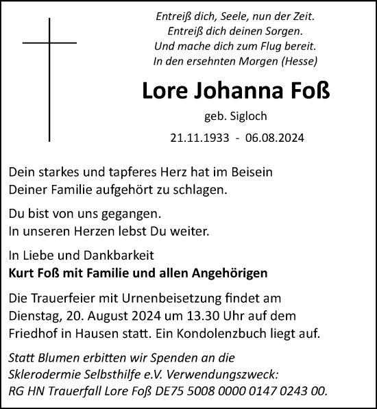 Traueranzeige von Lore Johanna Foß von GESAMT