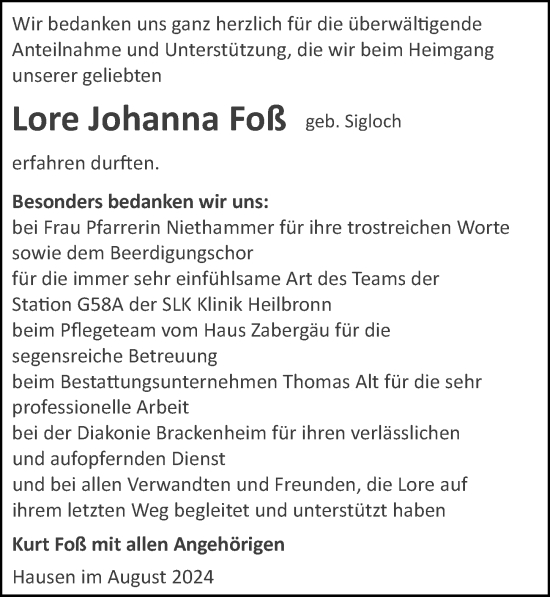 Traueranzeige von Lore Johanna Foß von GESAMT