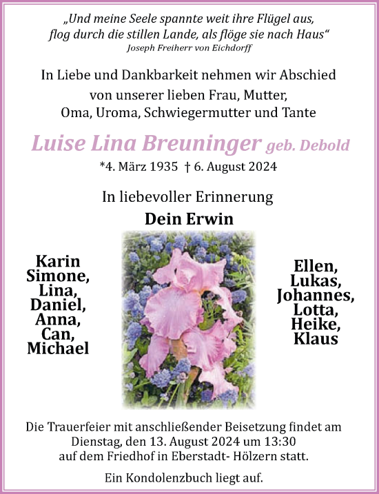 Traueranzeige von Luise Lina Breuninger von GESAMT