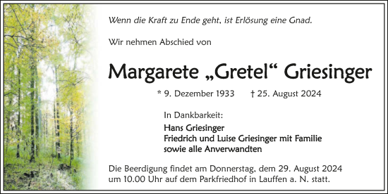 Traueranzeige von Margarete Griesinger von GESAMT