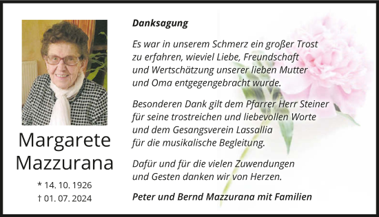 Traueranzeige von Margarete Mazzurana von GESAMT