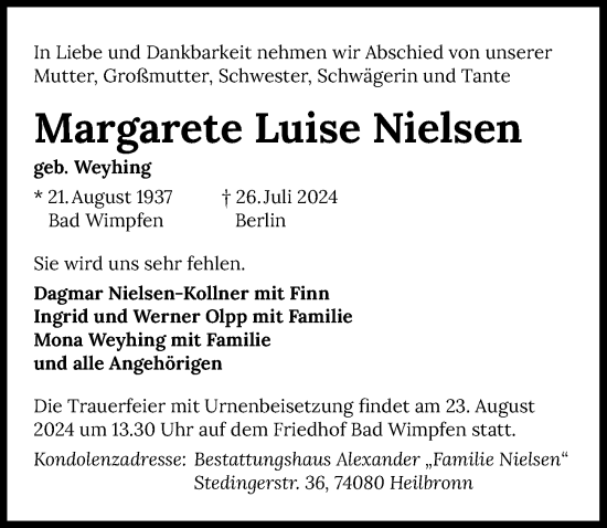 Traueranzeige von Margarete Luise Nielsen von GESAMT