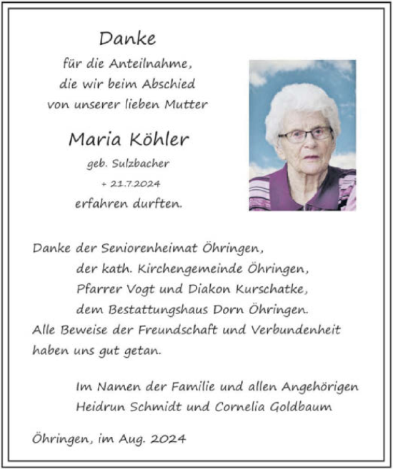 Traueranzeige von Maria Köhler von GESAMT