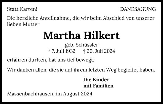 Traueranzeige von Martha Hilkert von GESAMT