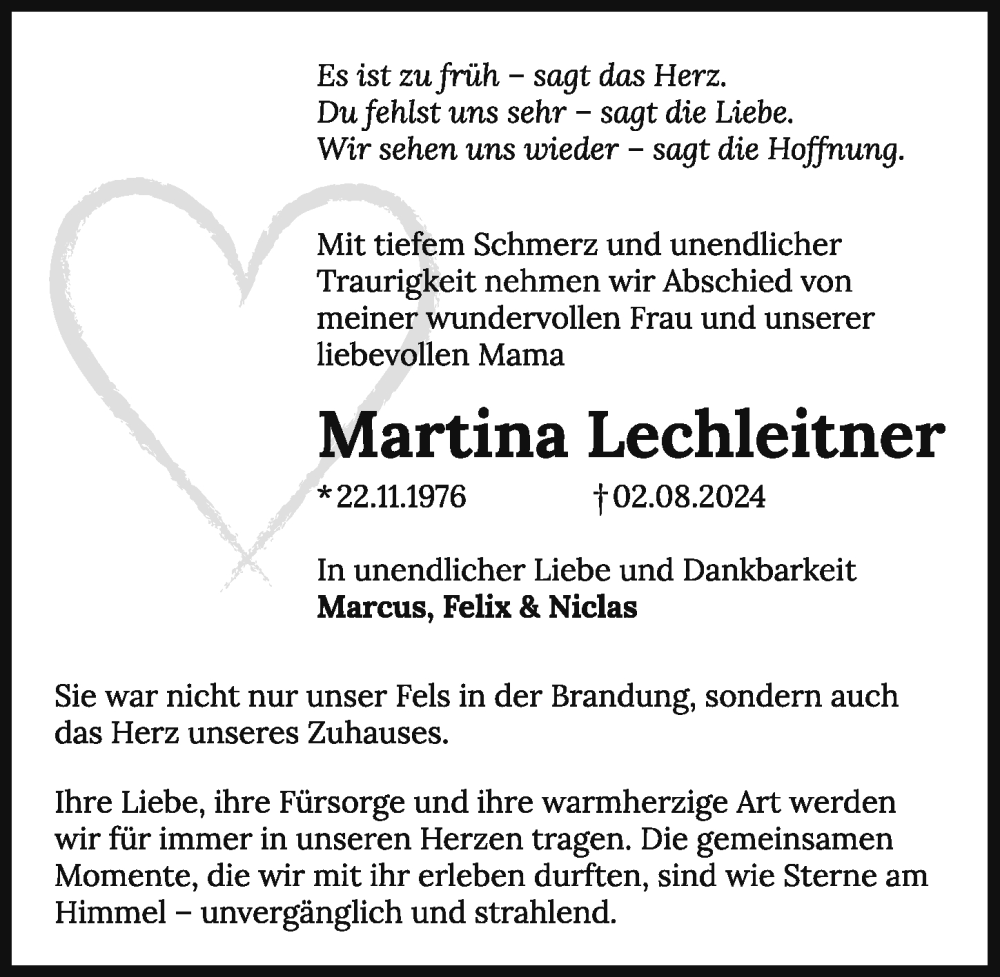  Traueranzeige für Martina Lechleitner vom 10.08.2024 aus GESAMT