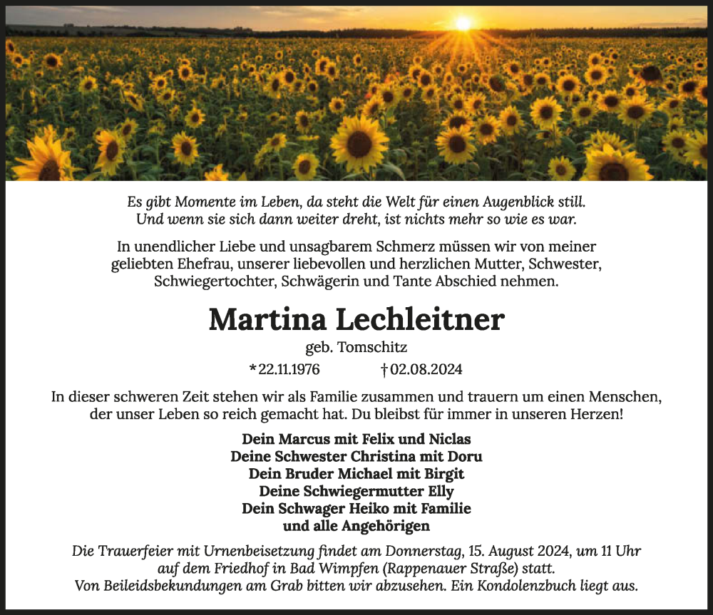  Traueranzeige für Martina Lechleitner vom 10.08.2024 aus GESAMT