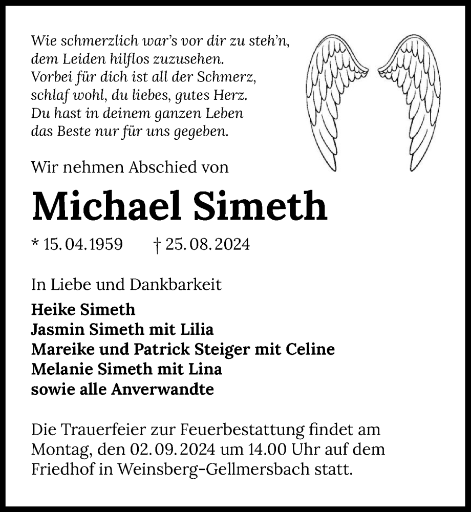  Traueranzeige für Michael Simeth vom 29.08.2024 aus GESAMT