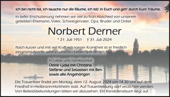 Traueranzeige von Norbert Derner von GESAMT