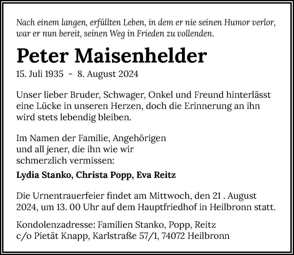  Traueranzeige für Peter Maisenhelder vom 15.08.2024 aus GESAMT