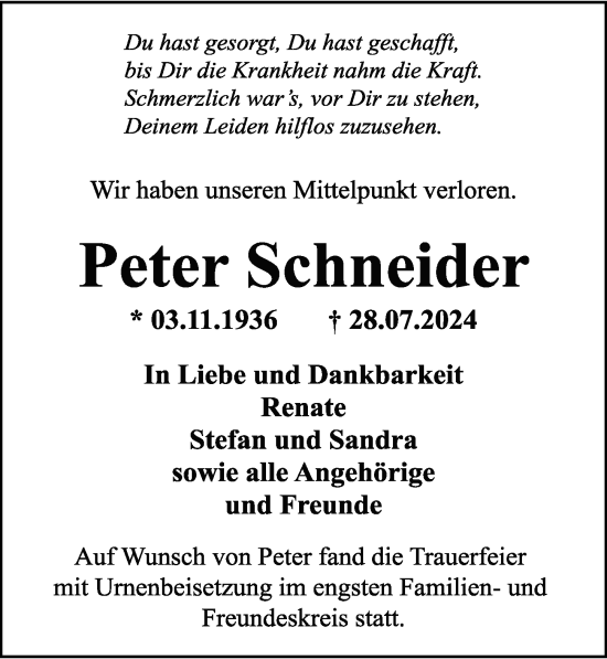 Traueranzeige von Peter Schneider von GESAMT