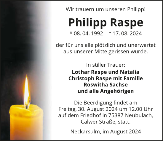 Traueranzeige von Philipp Raspe von GESAMT