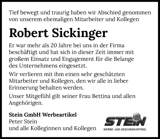 Traueranzeige von Robert Sickinger von GESAMT