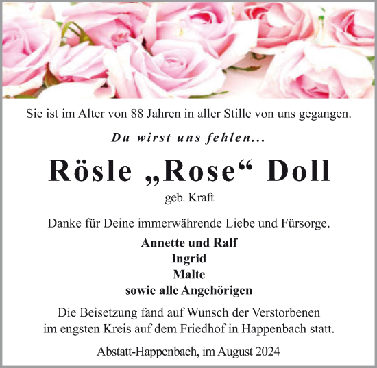 Traueranzeige von Rösle  Doll