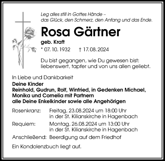 Traueranzeige von Rosa Gärtner von GESAMT