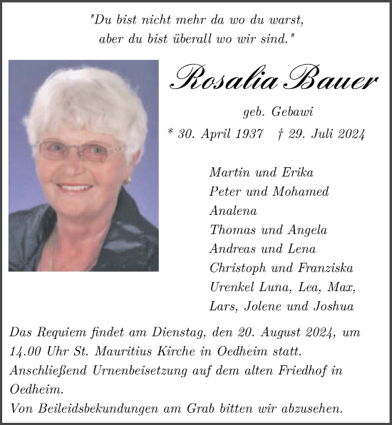 Traueranzeige von Rosalia Bauer von GESAMT