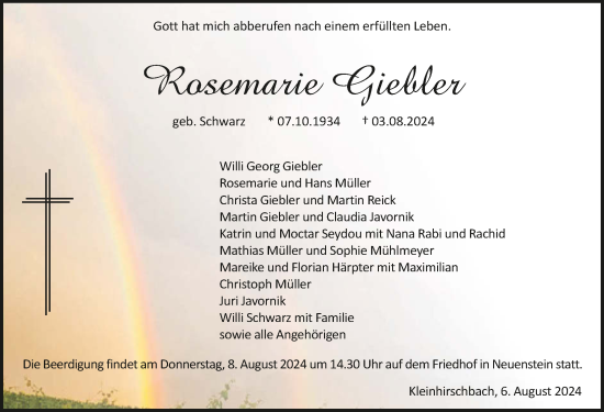 Traueranzeige von Rosemarie Giebler von GESAMT