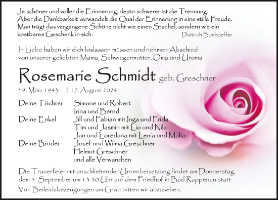 Traueranzeige von Rosemarie Schmidt von GESAMT