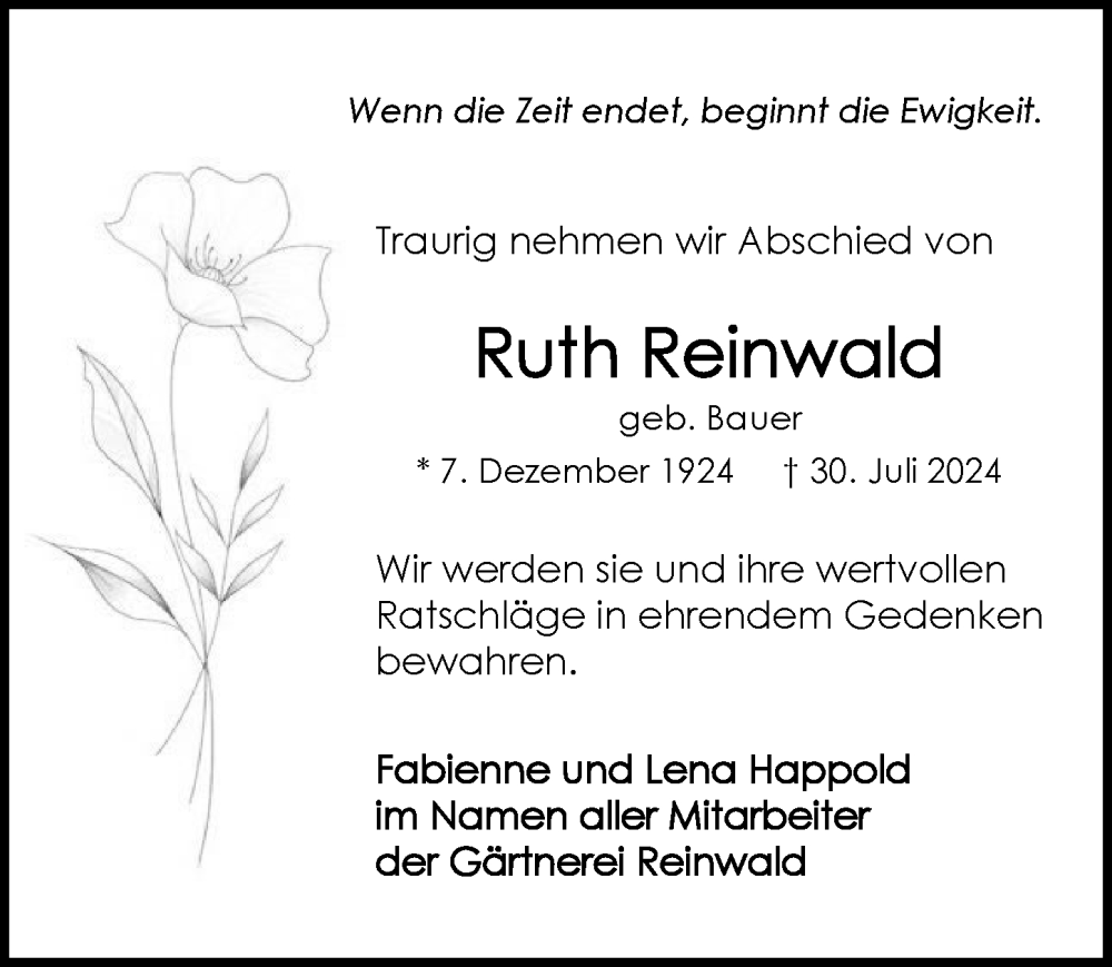  Traueranzeige für Ruth Reinwald vom 03.08.2024 aus GESAMT