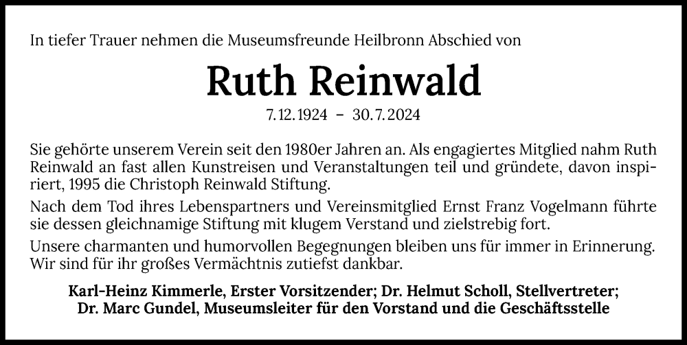  Traueranzeige für Ruth Reinwald vom 03.08.2024 aus GESAMT