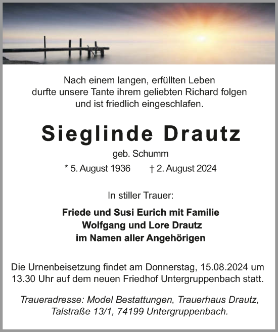 Traueranzeige von Sieglinde Drautz