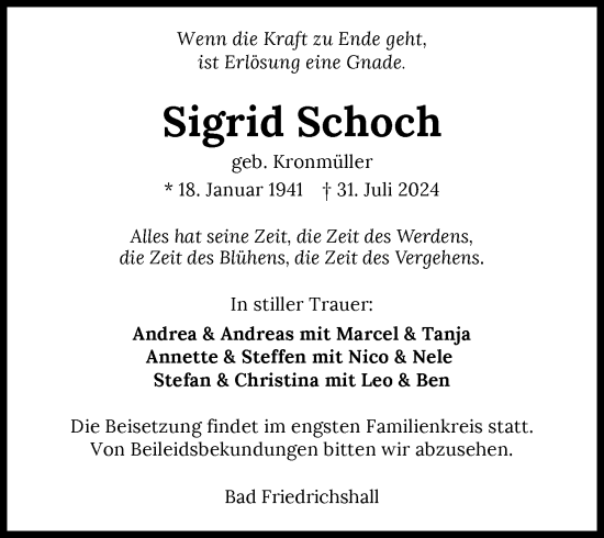 Traueranzeige von Sigrid Schoch von GESAMT