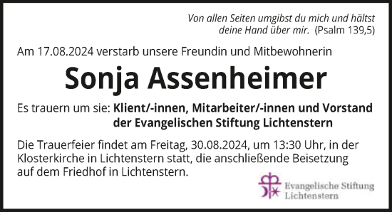 Traueranzeige von Sonja Assenheimer von GESAMT