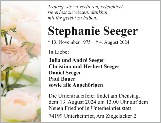 Traueranzeige von Stephanie Seeger von GESAMT