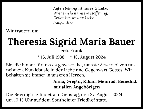 Traueranzeige von Theresia Sigrid Maria Bauer von GESAMT